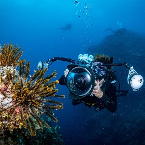 Instructor reviewing underwater photos with student diver