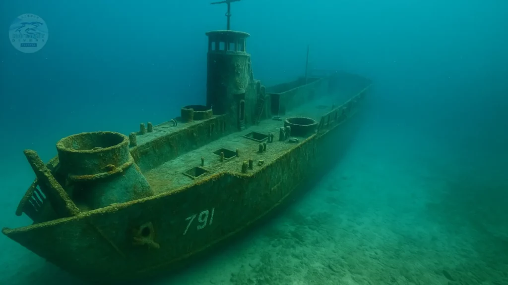 HTMS Kut Shipwreck Pattaya underwater view of entire wreck